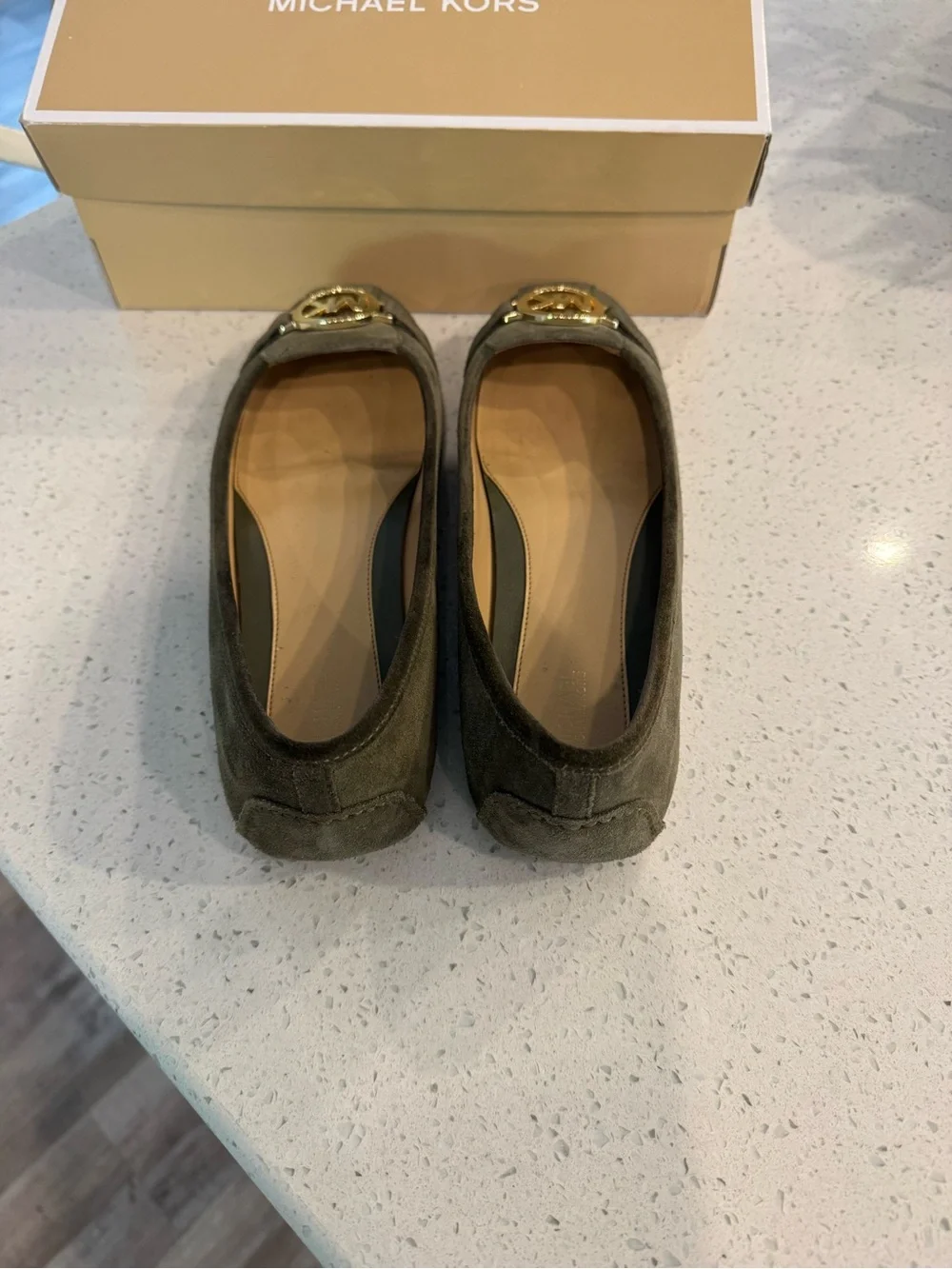 Michael Kors Fulton Olive Green Suede Flats with Gold MK Medallion